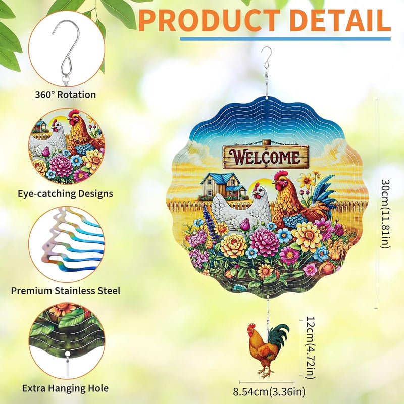Riletese Farmhouse Rooster Wind Spinners Outdoor - Chicken Gifts for Women Mom Men Dad Grandpa, 3D Cute Wind Spinner for Yard Patio Ornament Garden Decor, 12 Inch Hanging Kinetic Metal Wind Sculpture - Image 3